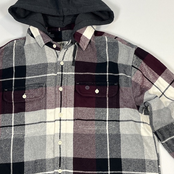 American Eagle Hooded Flannel Sz L Detachable Hood Shacket Plaid Button Up Shirt - Picture 1 of 7